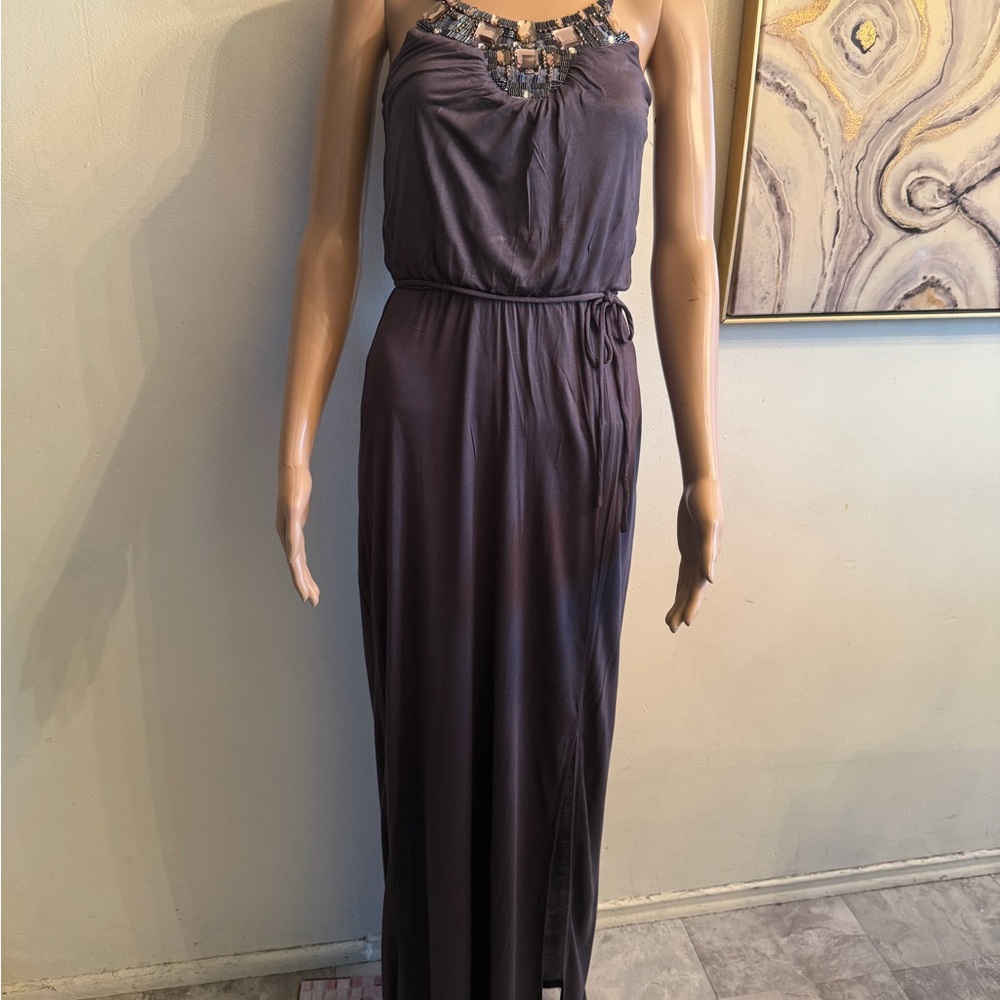 Warehouse Charcoal Maxi Dress with Embellished Neckline